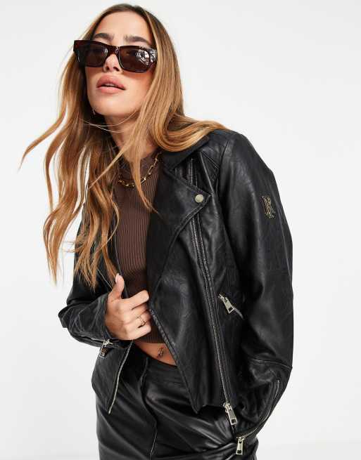 River Island – Svart bikerjacka i läderimitation med logga