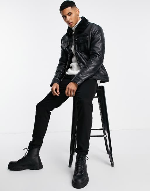 River Island – Svart cowboyjacka i läderimitation med teddyfoder