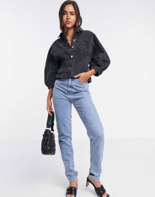 River Island - Svart jeansjacka med ihopdragen midja och ballongärmar