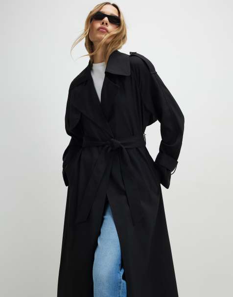 River Island – Svart, lång trenchcoat - view 1