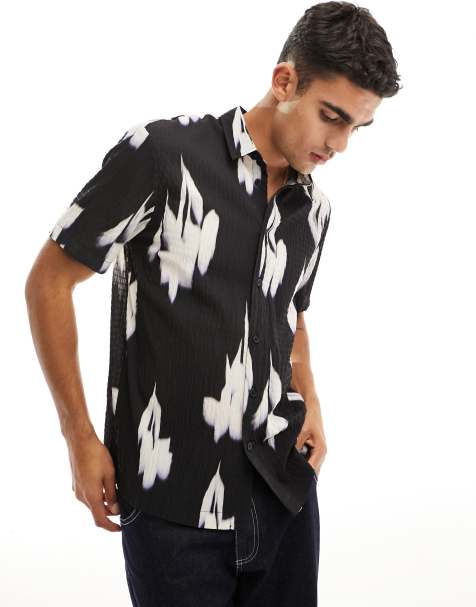 River Island – Svart skjorta med struktur och suddigt tryck - view 1