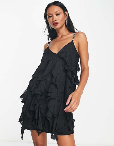 River Island – Svart slipklänning i minilängd med volanger - view 1
