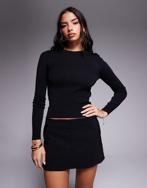 River Island – Svart, stickad, figurnära topp med långa ärmar - view 1