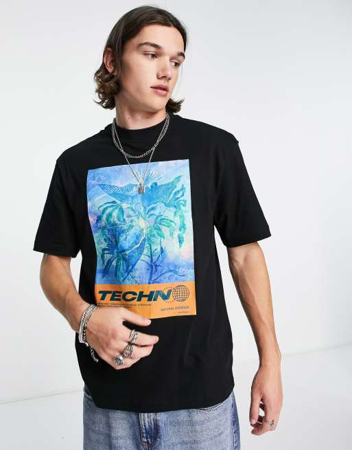 River Island – Svart t-shirt med Techno Box-tryck