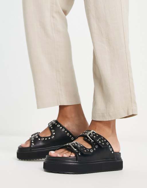 River Island – Svarta platta sandaler med nitar, dubbla spännen och hälrem, 2 av 4