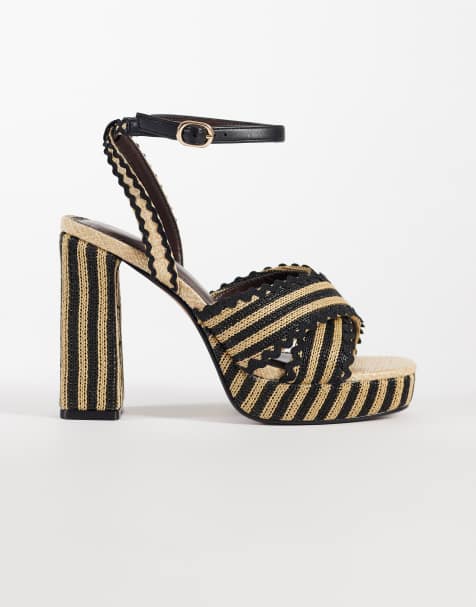 River Island – Svarta, randiga platåsandaler i raffia - view 1