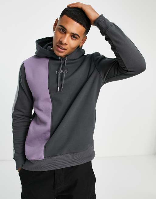 River Island - Sweat à capuche coupe classique à imprimé Paris et effet color block - Gris