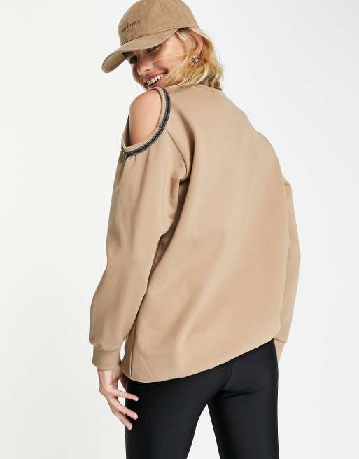 River Island - Sweatshirt met blote schouders en rand met versiering in beige, 3 van 4