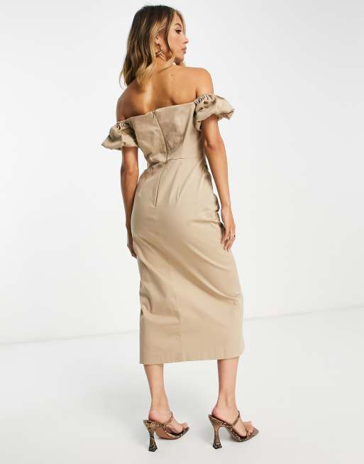 River Island sweetheart bardot midi dress in beige