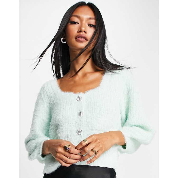 River Island sweetheart button up fluffy sweater in green - part of a set |  ASOS