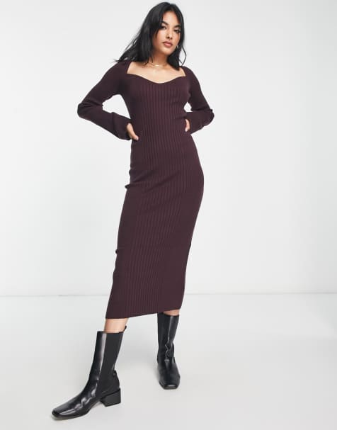 River Island sweetheart neck bodycon dress in burgundy - view 1