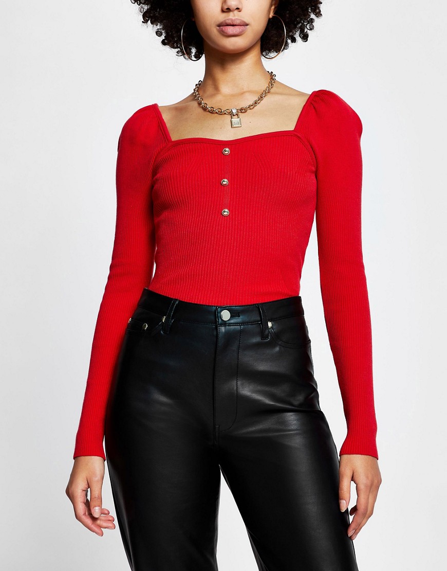 River Island sweetheart neck bodyfit knit top in rust-Red