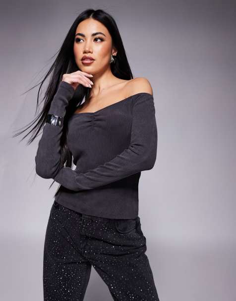 River Island sweetheart neck top in dark gray - view 1