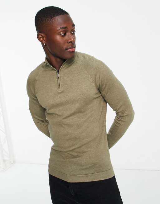 River Island – Sweter w kolorze khaki z zamkiem pod szyją