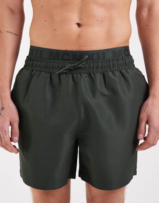 River Island swim shorts with double waistband in dark green, 4 of 5