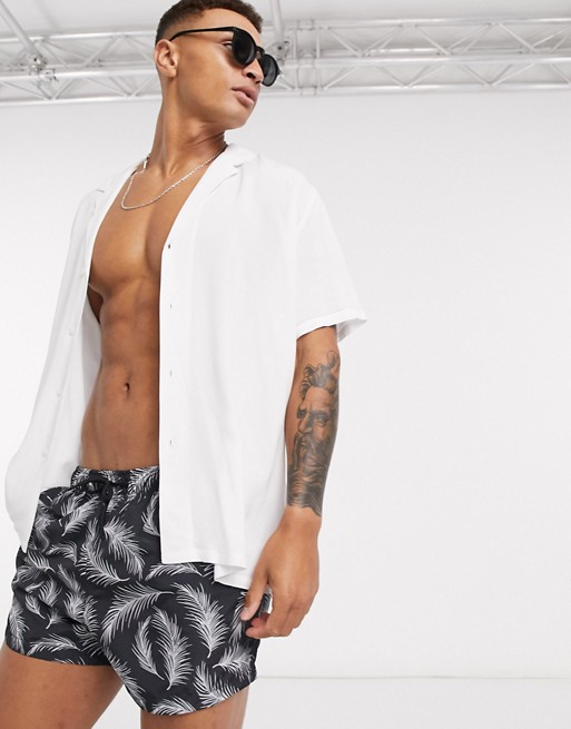 River Island swim shorts with feather print in light grey & black