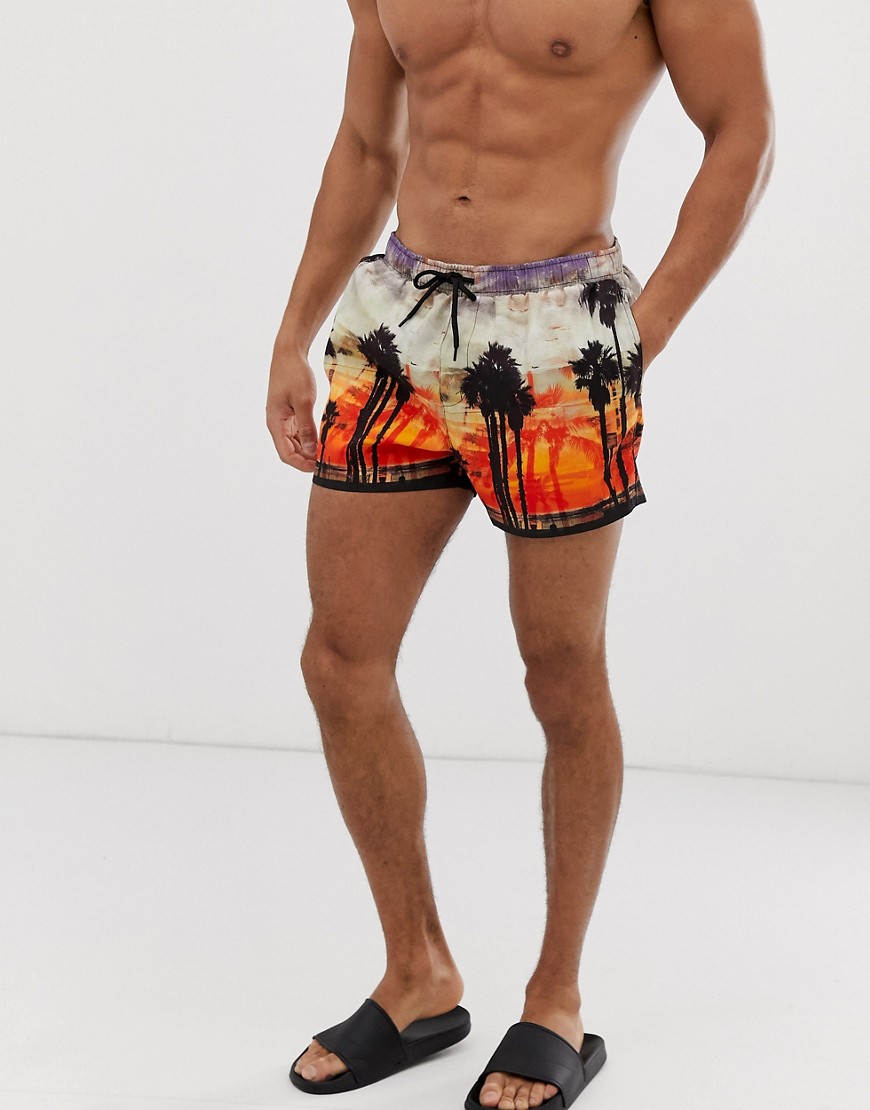River Island swim shorts with palm tree print-Orange
