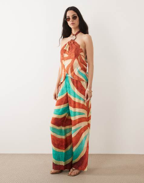 River Island swirl print halterneck top and trouser co-ord in brown - view 1