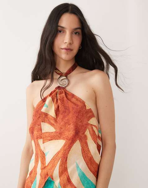 River Island swirl print halterneck top co-ord in brown - view 1