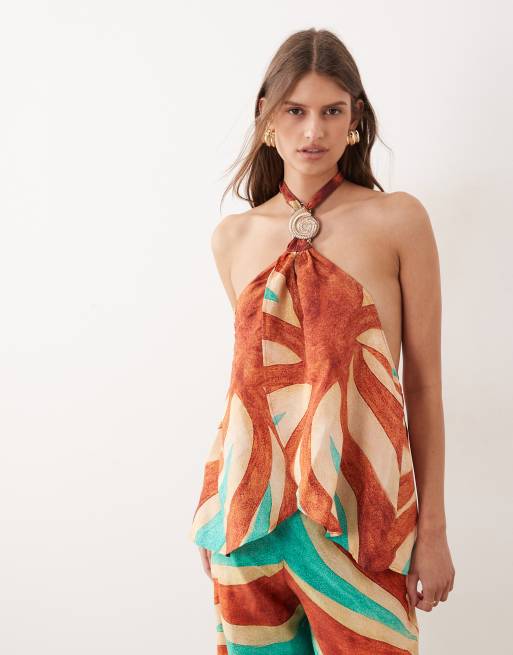 River Island swirl print halterneck top and pants set in brown, 2 of 3
