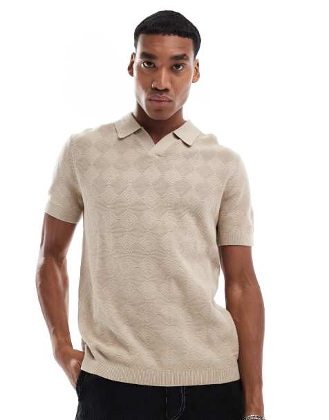 River Island – Szarobeżowa dzianinowa koszulka polo we wzór w romby - view 1