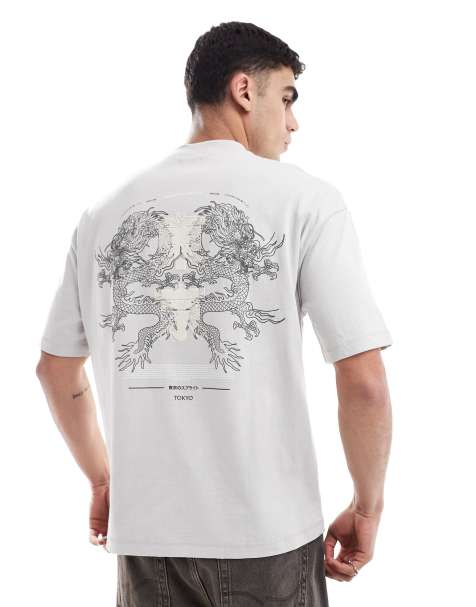 River Island – Szary T-shirt z nadrukiem z motywem smoka na plecach - view 1