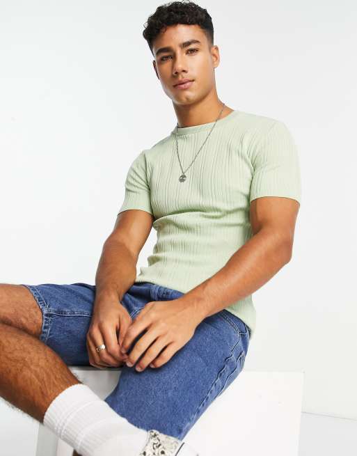 River Island – Szałwiowozielona trykotowa koszulka o kroju podkreślającym sylwetkę