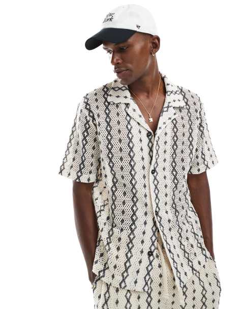 River Island revere collar crochet shirt co-ord in ecru pattern