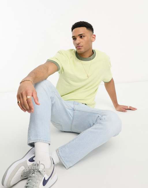 River Island – T-Shirt aus Flammengarn in Grün mit farblich abgesetztem Halsausschnitt