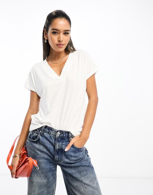 River Island - T-shirt avec col en V - Blanc