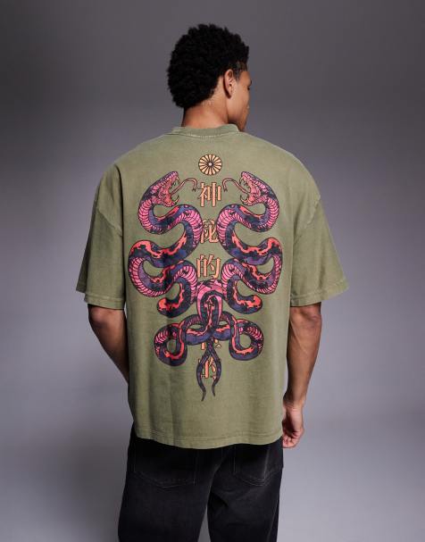 River Island - T-shirt avec deux serpents graphiques imprimés - Kaki - view 1