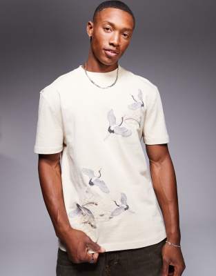 River Island - T-shirt avec motif grue brodé - Blanc