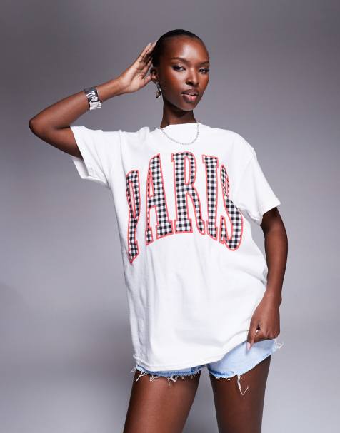 River Island - T-shirt bianca a quadretti con scritta "Paris" - view 1