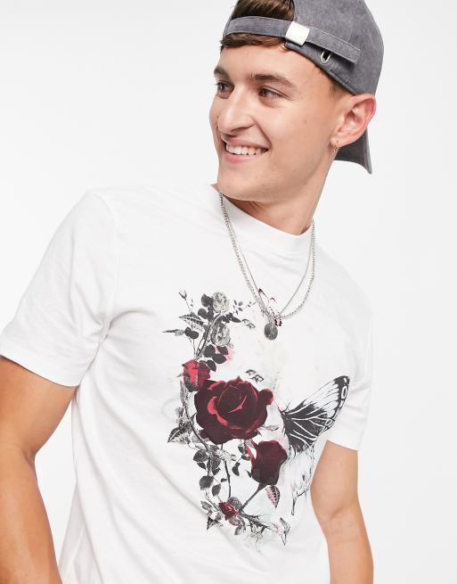 River Island T shirt coupe slim imprim fleurs avec t te de mort Noir