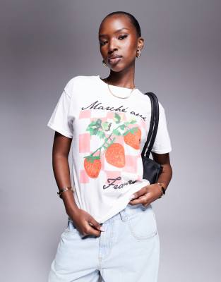 T-shirt effet rétréci à carreaux vichy et imprimé fraises - Blanc L