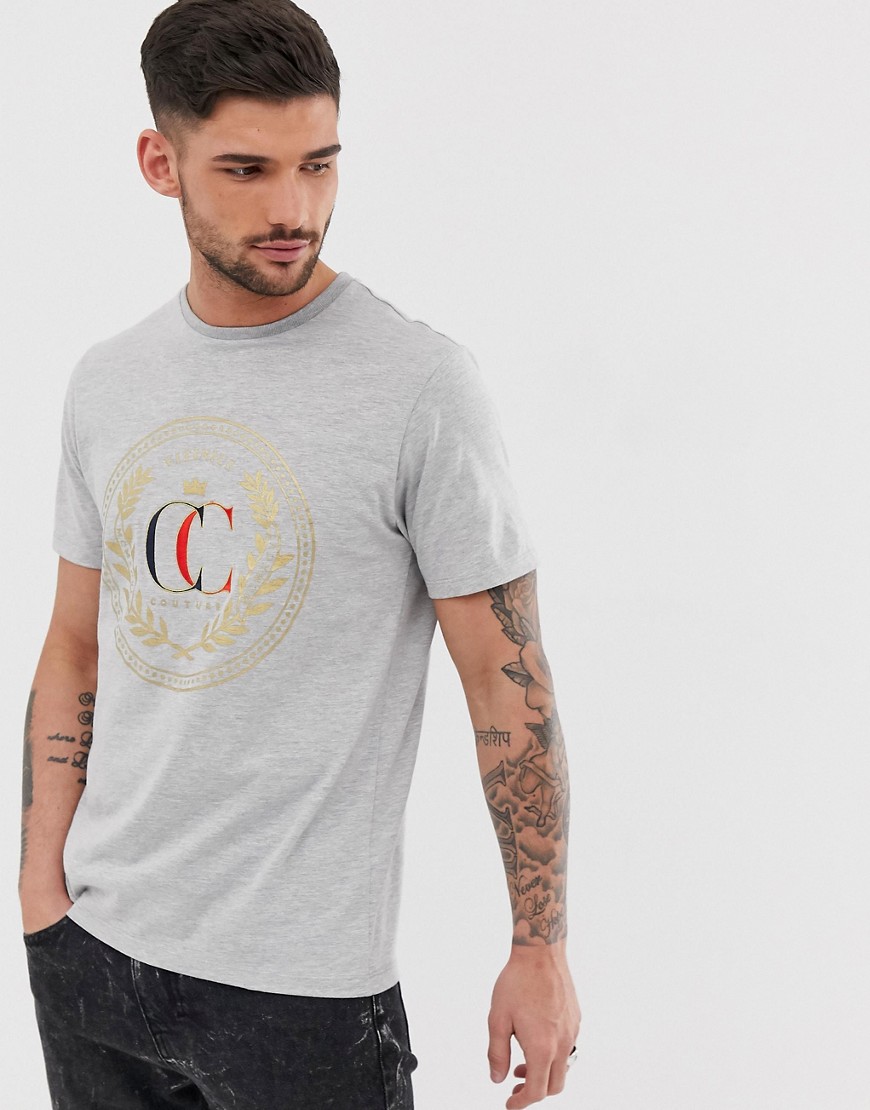 River Island - T-shirt grigia con emblema ricamato-Grigio
