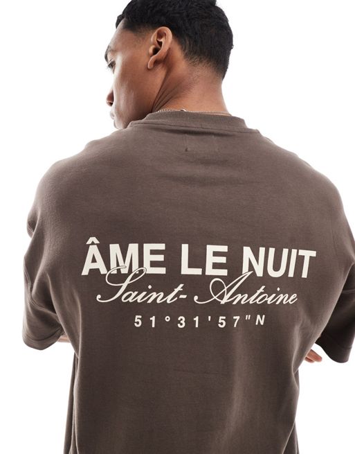 River Island – T-Shirt in Braun mit „Âme Le Nuit“-Logo