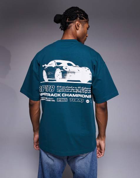 River Island – T-Shirt in Dunkelgrün mit Racing-Print hinten - view 1