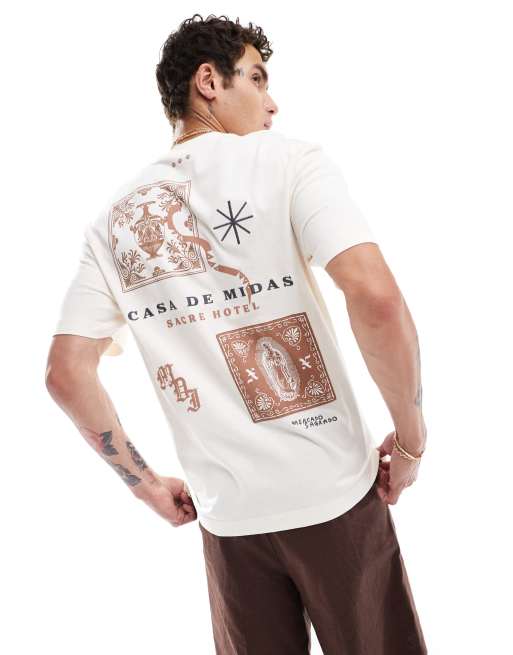 River Island – T-Shirt in Ecru mit griechischem „Midas“-Print