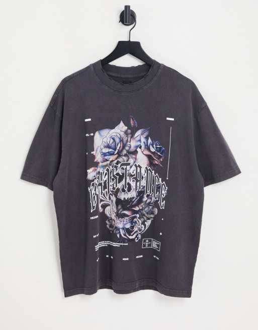 River Island – T-Shirt in Grau mit floralem Totenkopf-Print