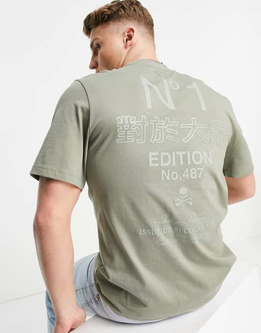 River Island – T-Shirt in Khaki mit Print am Rücken