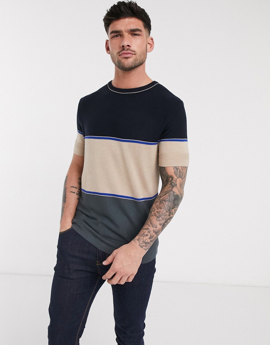 River Island - T-shirt in maglia colorblock-Navy