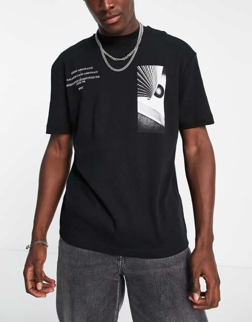 River Island – T-Shirt in Schwarz mit kastenförmigen Prints
