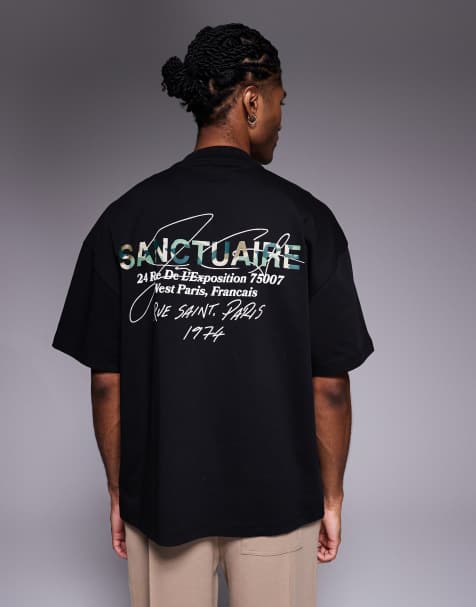 River Island – T-Shirt in Schwarz mit „Sanctuaire"-Military-Muster - view 1