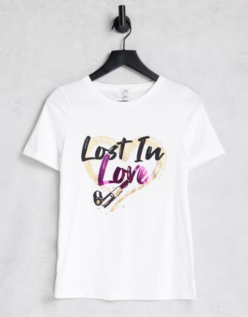 River Island – T-Shirt in Weiß mit „Lost In Love“-Schriftzug