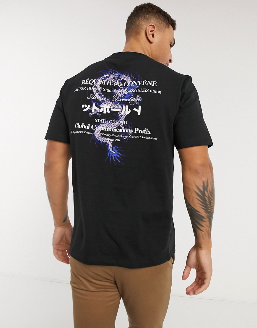 River Island - T-shirt med japansk print på ryggen i Regular Fit-Sort