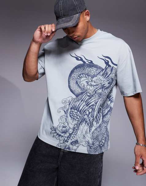 River Island - T-shirt met Japans drakenborduursel in lichtgrijs - view 1
