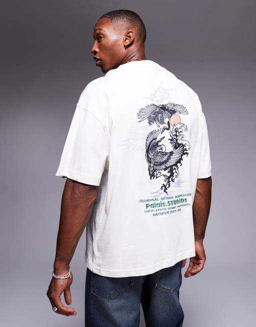 River Island - T-shirt met Japanse kraanvogelprint op de achterkant in wit