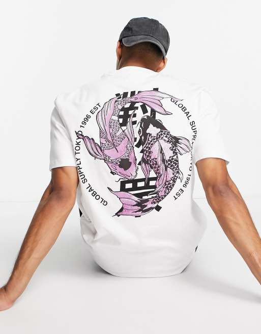River Island - T-shirt met koi-karperprint op de achterkant in wit