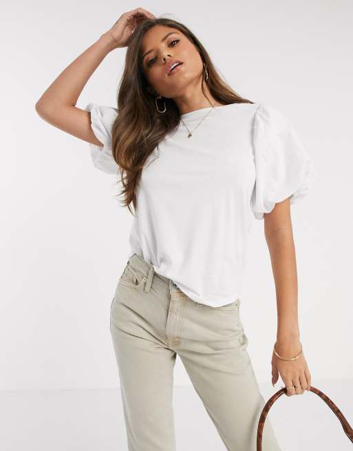 Behandeling Makkelijk in de omgang pint River Island - T-shirt met pofmouwen in wit | ASOS